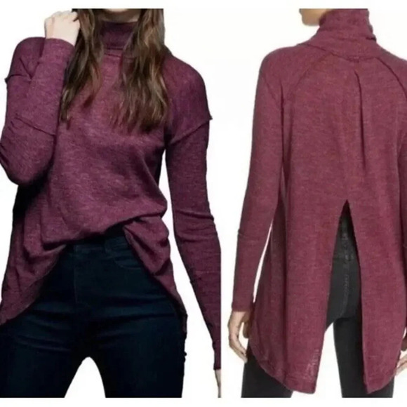FREE PEOPLE Juicy Split Back Turtleneck Thermal Sweater Plum Medium Autumn Fall - Picture 1 of 8